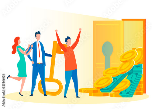 Celebrating Financial Success Vector Illustration. Cartoon People Happy with Discovering Key to Wealth. Raised Hands Victorious Gesture. Profitable Business, High Income Company, Bonanza Concept
