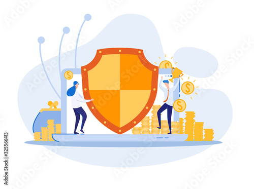 Unconquerable Bank Program, Insuring Safety Clients Money. Woman Employee with Huge shield, Protecting Purse, Golden Coins and Electronic Operations. Man Office Worker with Champion Cup.