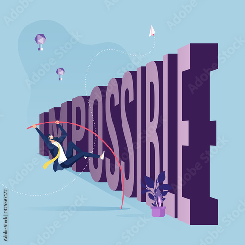 Businessman pole vaulting over text Problems-Problems and obstacles in business concept