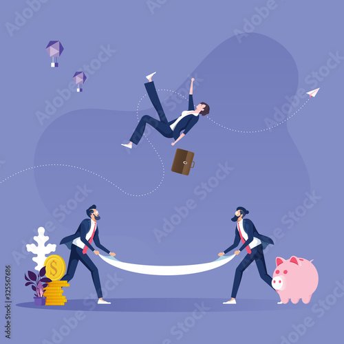 Two businessmen rescue businesswomen from risks-Business risk concept