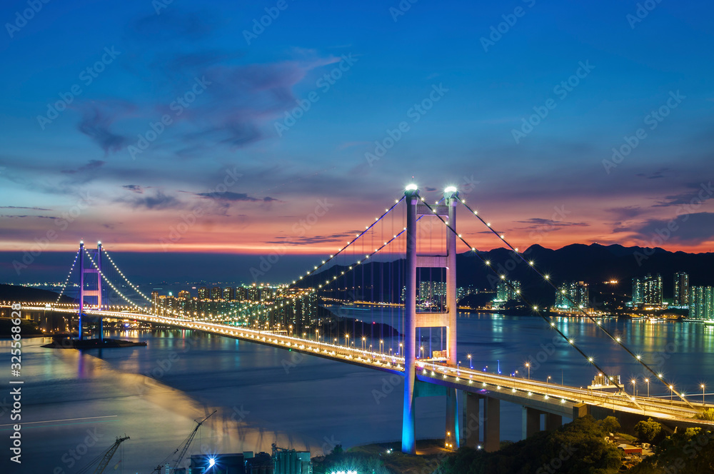 Tsing Ma Bridge in Hong Kong city at dusk