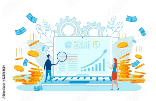 Advertising Banner Job Marketers Cartoon Flat. Poster Target Audience in Social Networks. Guy Looks Through Magnifier on Laptop Screen, Girl is Standing Nearby. Vector Illustration.