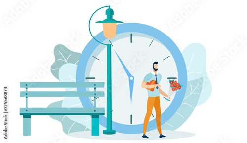 Man Waiting for Girlfriend with Clock on Background Flat Cartoon Vector Illustration. Male Character with Sweets and Flower Bouquet. Love Relationship, Romantic Dating. Guy Standing near Bench.