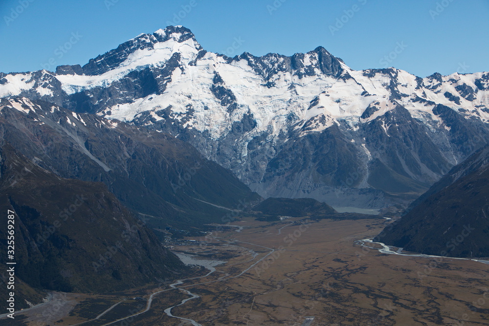Aerial view of Hooker Valley in Mount Cook National Park on South Island of New Zealand