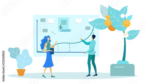 Project Manager Talking with Collegue Cartoon Flat Vector Illustration. Business People Standing near Notes and Bulletin Board. Office Interior. Schedule with Tasks and Events, Contract.