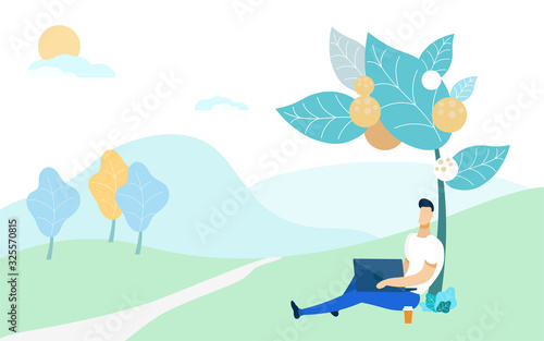 Man Sitting under Tree in Park and Working on Laptop Flat Cartoon Vector Illustration. Boy Surfing Internet, Studying or Blogging in Nature. Worker Relaxing outside Office. Summer Leisure. Freelance.