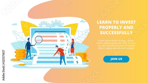 Poster Learn to Invest Properly and Successfully. Using Advertising to Attract New Targeted Visitors to Page on Social Networks. On Laptop Screen Application for Searching for Investment.