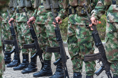Colombian Army soldier in formation with camouflage uniform. Colombia.