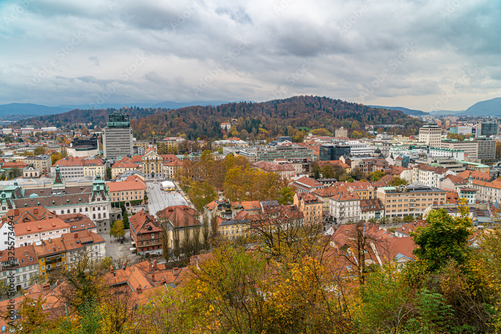 Ljubljana city panorama shoot from above, Slovenia, Europe
