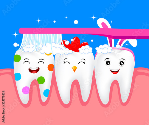 Funny Easter cartoon tooth character with toothbrush. Happy Easter day concept. Illustration.
