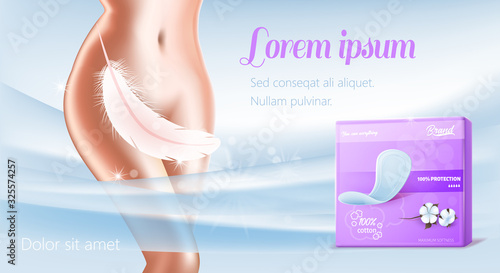 Advertising Text Banner with Daily Pads in Violet Pack and Female Silhouette. Woman Hips Covered Feather and Belly. Super Soft Cotton Hygienic Feminine Product for Regular Use. Vector 3d Illustration