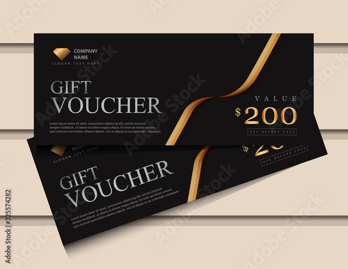 Gift voucher template with glitter gold luxury elements. Vector illustration. Design for invitation, certificate, gift coupon, ticket, voucher.
