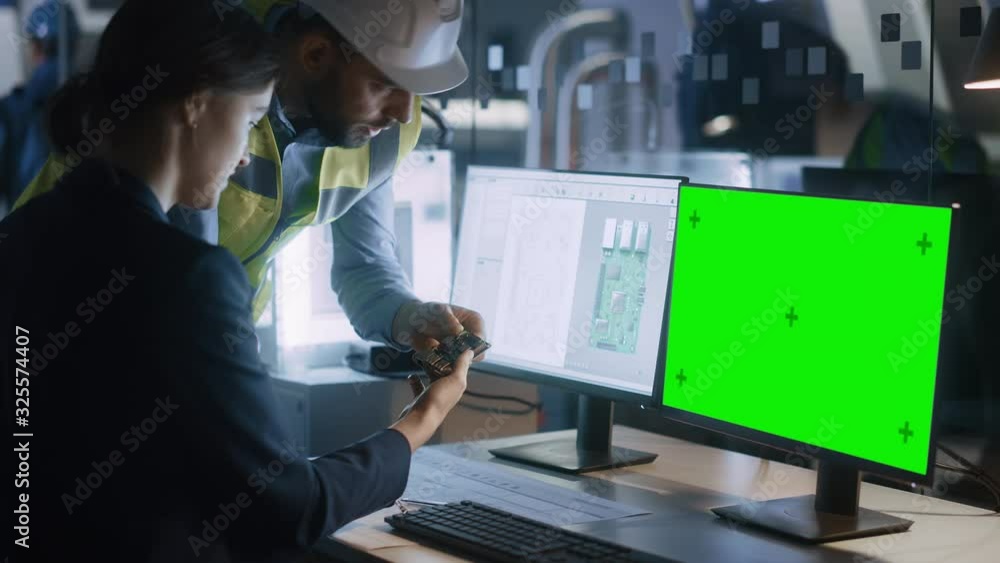Supervisor Talks to Female Engineer Who's Working on a Computer, Two Monitor Screens Show Chroma Key, Green Screen Display and Processor Chip Design. Industry 4.0 Modern Electronics Production Factory Supervisor Talks to Female Engineer Who's Working on a Computer, Two Monitor Screens Show Chroma Key, Green Screen Display and Processor Chip Design. Industry 4.0 Modern Electronics Production Factory