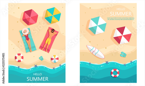 Set of summer gift vouchers. Unusual design of coupon usable for invitation, gift card and certificate. Vector illustration with sea shore and palm trees.