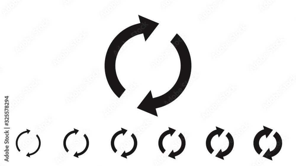 Refresh button, circle arrow icon set, reload, rotation, reset, loop sign, recycle symbol, black isolated on white background, animation with alpha matte.