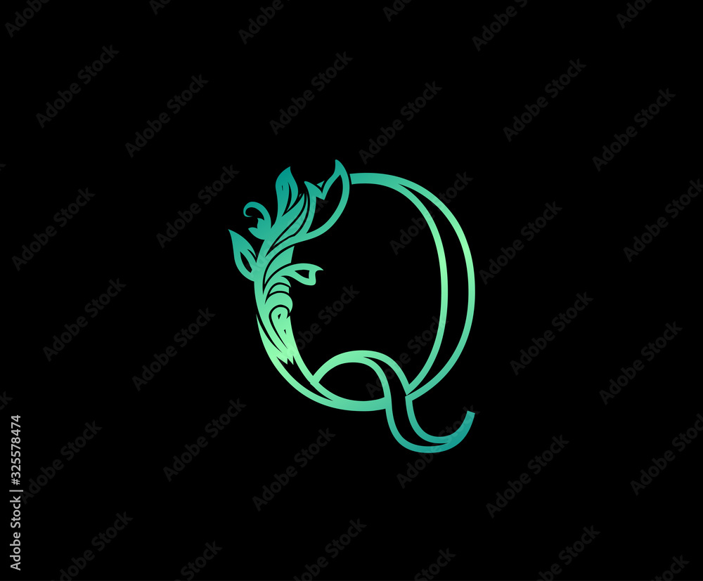 Nature Letter Q Logo. Q Letter Design Vector with Green Colors and Floral Hand Drawn.