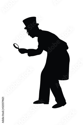 Spy man with magnifying glass silhouette vector