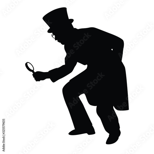Spy man with magnifying glass silhouette vector