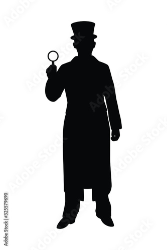 Spy man with magnifying glass silhouette vector