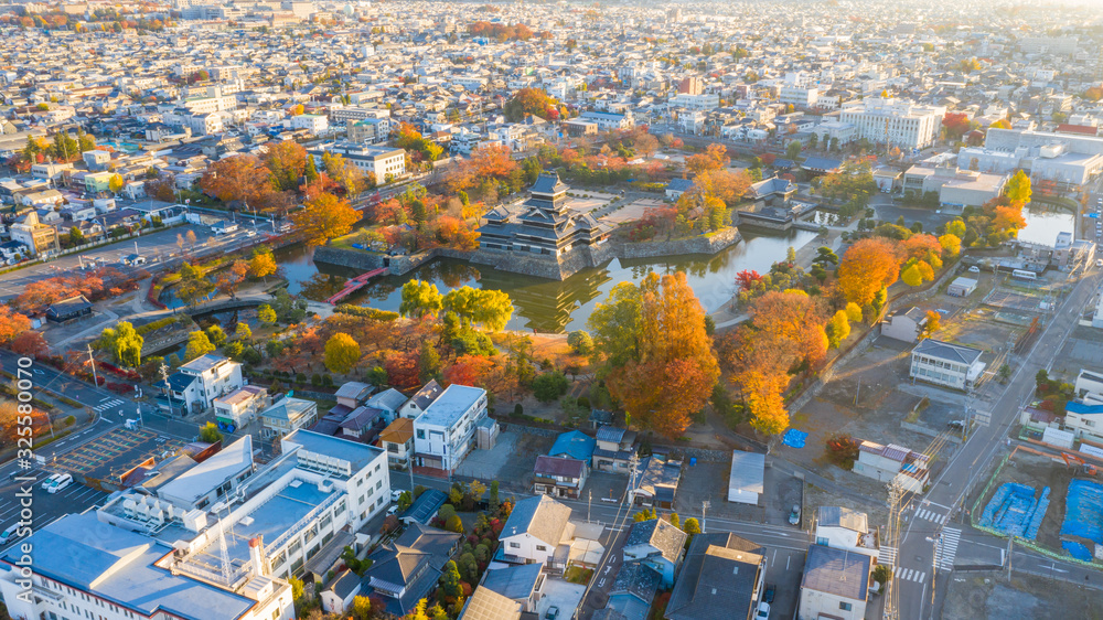 Aerial view Sunrise of Matsumoto Castle in Nagano City,Japan.