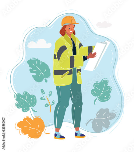Engineer woman in orange helmet. Plan of building