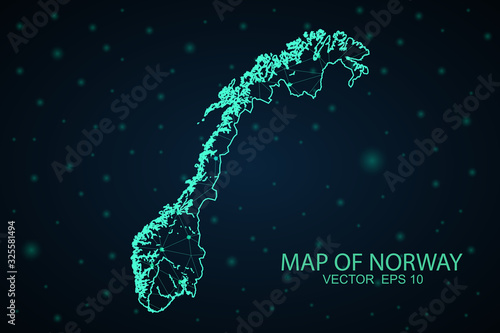 Map of Norway. Wire frame 3D mesh polygonal network line, design sphere, dot and structure. communications map of Norway. Vector Illustration EPS10.