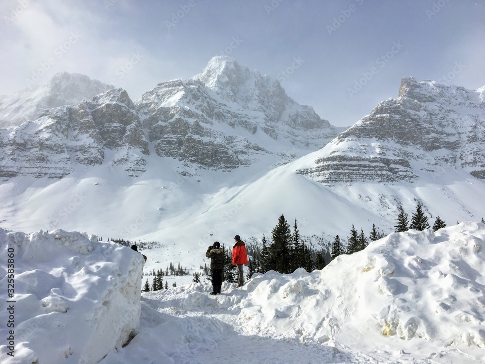 A family admiring an incredible view of a dark green forest in the foreground and snow covered mountains peaks in the background, along the icefield parkway in the Rocky Mountains Alberta, Canada