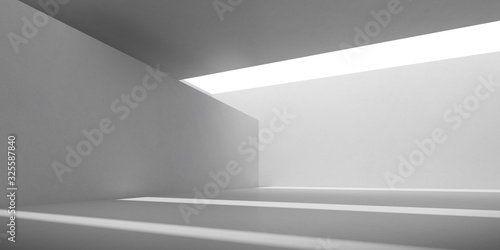 Abstract of concrete interior with sun light cast the shadow on the round sculpture, Geometric structure design,Museum space,Perspective of brutalism architecture,3d rendering 