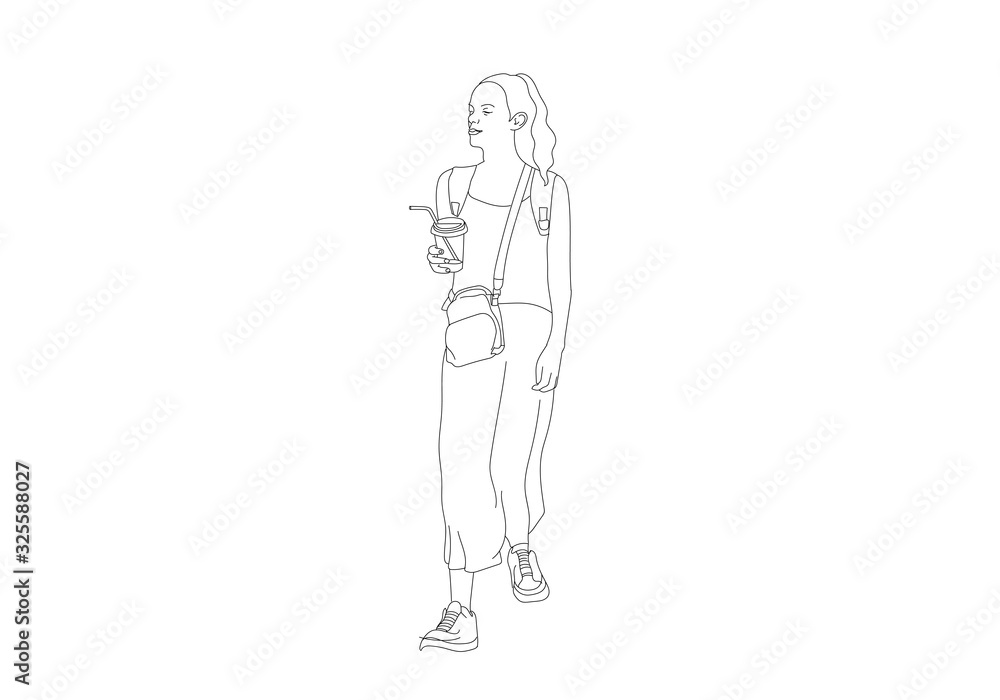 One line hand drawing of woman holding  bags and coffee on the street after shoping