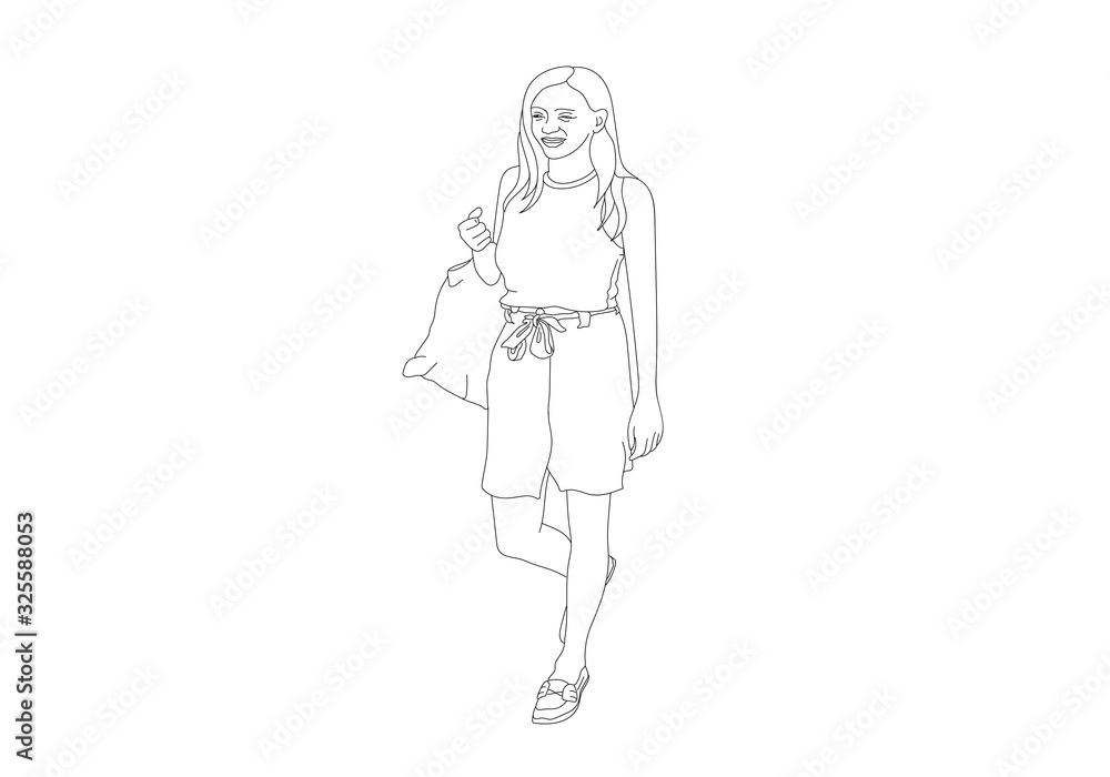 One line hand drawing of woman holding plastic bags on the street are shoping