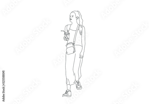 One line hand drawing of woman holding bags and coffee on the street after shoping