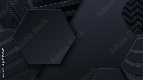 Black honeycomb tiles. Hexagon geometry pattern. Minimal black background of honeycomb for modern cover, ad baner, web.