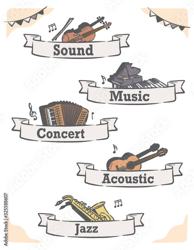 楽器のイラストを使った、音楽がテーマのラベル、バナー素材