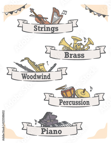 金管楽器など、ジャンル分けされた音楽のラベル、バナー素材