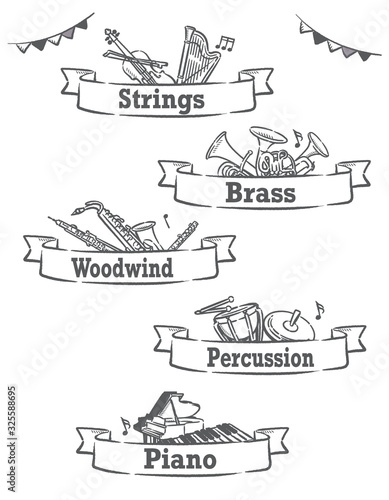 金管楽器など、ジャンル分けされた音楽のラベル、バナー素材