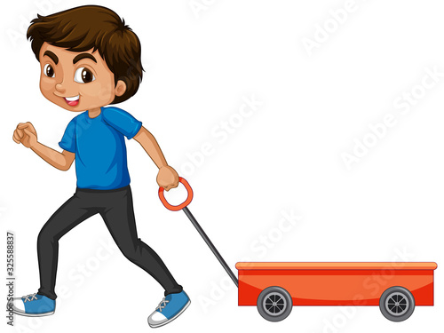 Boy pulling cart on white background