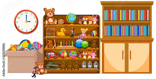 Shelf and bookshelfe full of books and toys