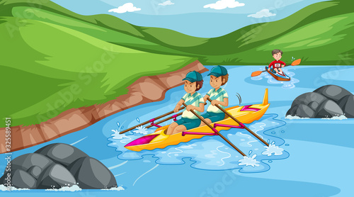 Background scene with athletes canoeing in the stream