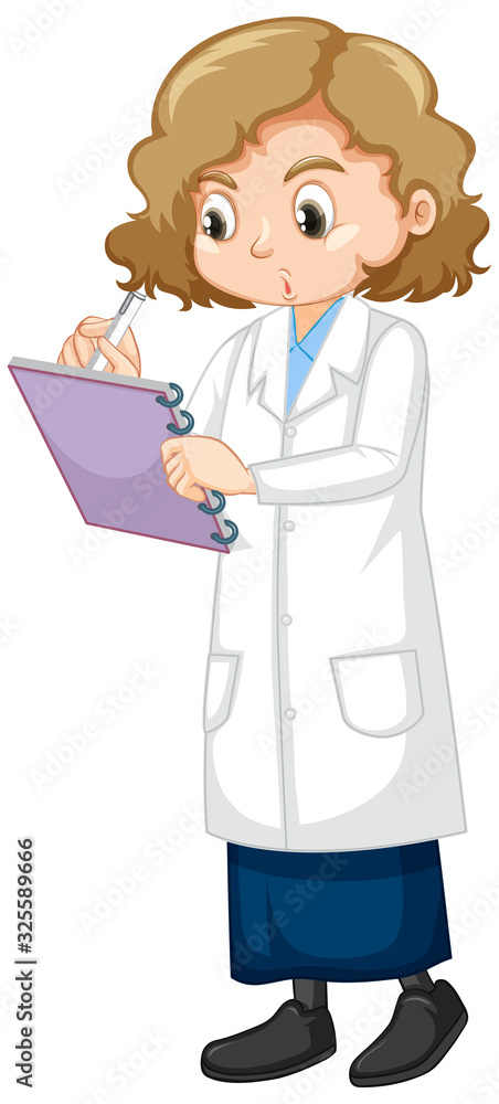 Girl in lab gown writing note on white background Girl in lab gown writing note on white background