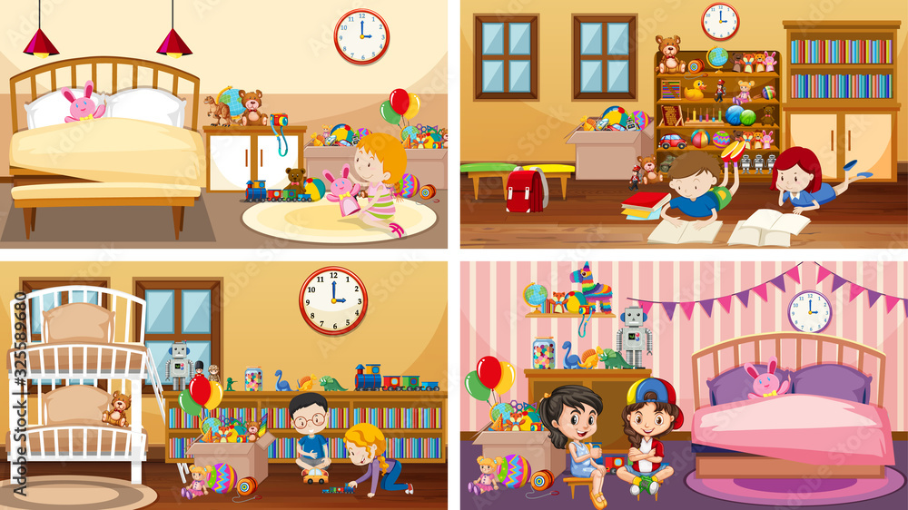 Four scenes with children playing in different rooms
