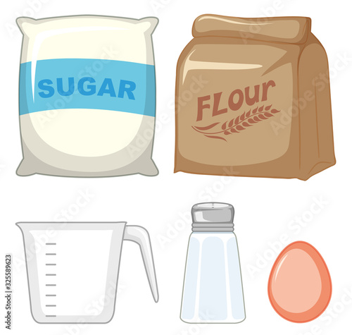 Set of bakery ingredients with sugar and flour