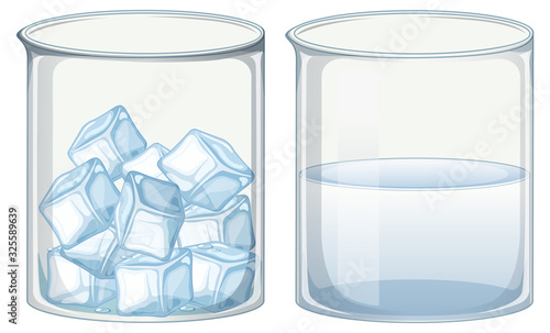 Two glass beakers filled with ice and water