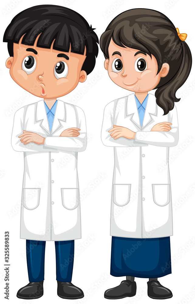 Boy and girl in science gown standing on white background Boy and girl in science gown standing on white background