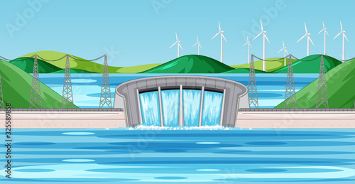 Scene with dam and wind turbines on the hills