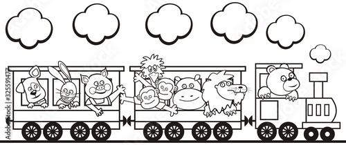 Group of animals in the train, funny vector illustration. Dog, hare, pig,  monkeys, osrich, hippo, lion and bear at steam strain. Coloring book for children.