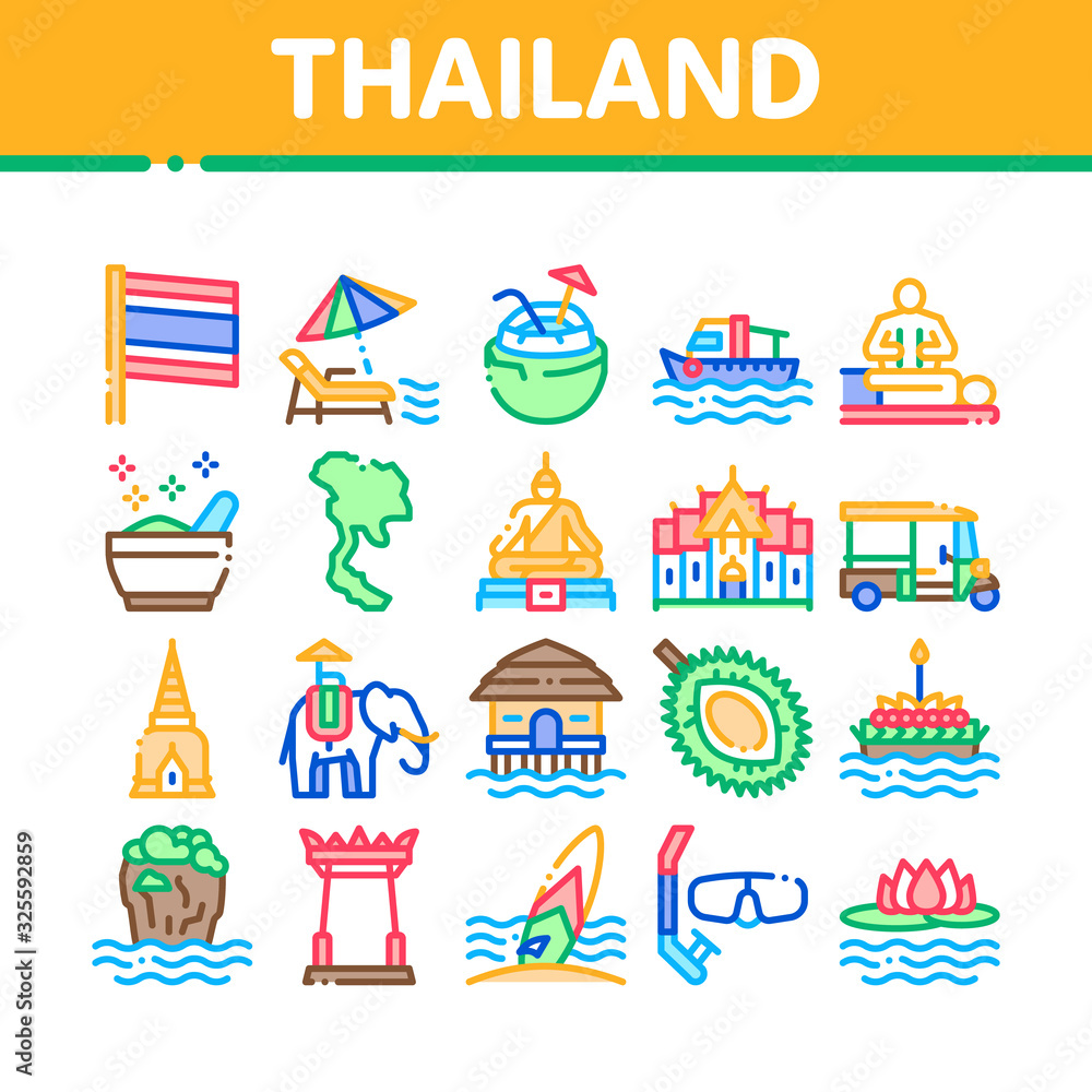 Thailand National Collection Icons Set Vector. Thailand On Geography Map And Flag, Bungalow And Building, Elephant And Tuktuk Concept Linear Pictograms. Color Illustrations