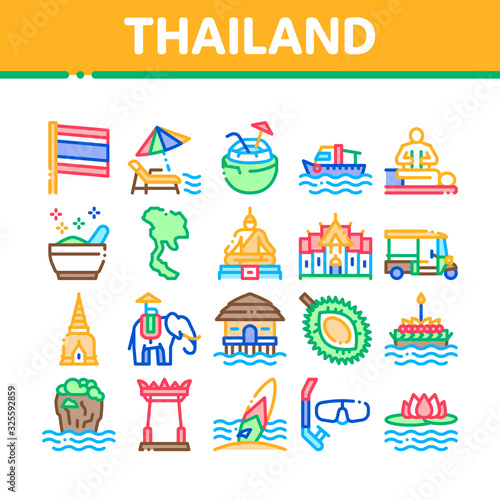 Thailand National Collection Icons Set Vector. Thailand On Geography Map And Flag, Bungalow And Building, Elephant And Tuktuk Concept Linear Pictograms. Color Illustrations