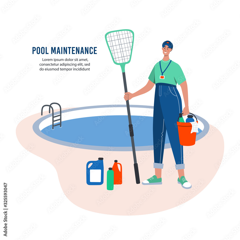 Pool maintenance concept. Pool cleaner with cleaning equipment. Flat