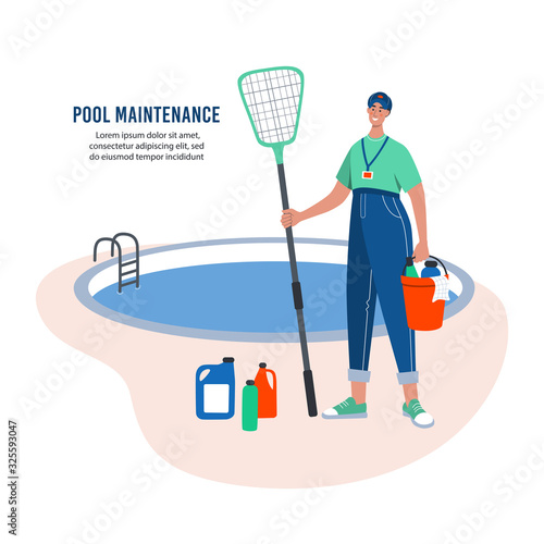 Pool maintenance concept. Pool cleaner with cleaning equipment. Flat vector illustration.