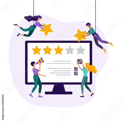 Feedback/review concept. Customer review rating. People leaving five star rating on a monitor screen. Flat vector illustration.